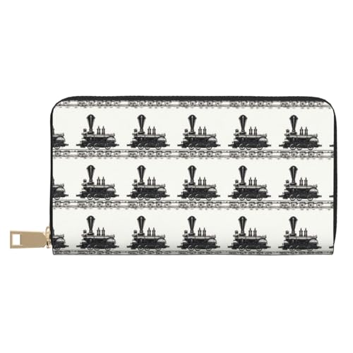 Black Retro Train Print Wallet Women Men, Long PU Leather Wallets for Women, Cute Womens Travel Wallet Purse Pouch with Zipper Pocket