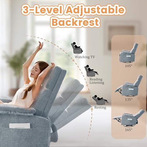 Image of Korser Swivel Rocking Recliner with Massage, Small Glider Chair for Nursery, Modern-Designed Armrests Chair for Adults Living Room, Chenille, Blue