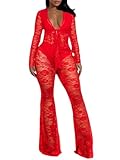 acelyn Women Sexy 2 Pieces Outfit Floral Lace Blouse and Flared Pant Sets for Women See Through Birthday Outfits Red M