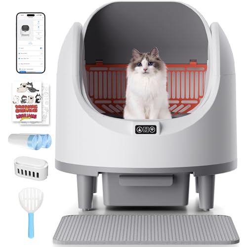 Bashaw Self Cleaning Litter Box, Automatic Cat Litter Box for Multiple Cats, App Control with Safety Sensors, Open Top, Includes Scent Cartridge & Trash Bags (White)