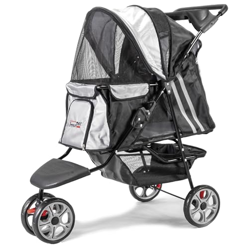 Hundebuggy Katzenbuggy - Innopet All Terrain Schwarz/Silber - Leichter 3 Rad Hundewagen - Räder pannensicher - Vorderad fixierbar Haustierwagen