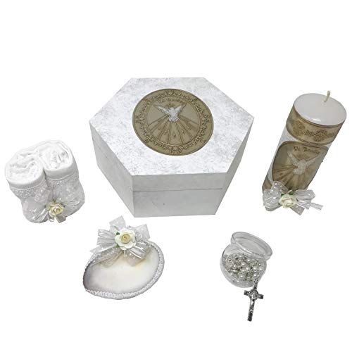 Arcangeles Mexicanos Catholic Baptism Candle Set in a Wooden Box with Towel, Candle, Rosary and Shell for Baby Boys and Girls. Handmade in Mexico
