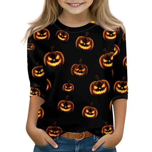 Halloween Shirts for Girls Pumpkin 3/4 Sleeve Fall Casual Shirts Cute Funny Bat Crew Neck Tops Slim 3/4 Sleeve Clothes