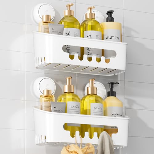 TAILI Shower Caddy Suction Cup 2 Pack Heavy Duty Bathroom Shower Organizer Removable Shelves for Inside Shampoo Wall Mounted Plastic Storage for Bathroom Accessories, White