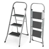 LIVIVO 3 Step Ladder with Handrail – Heavy-Duty Foldable Lightweight Steel Ladder with Anti-Slip Steps & Feet, 150kg Load - Slim & Portable Home Ladder for DIY, Cleaning, House Decorating