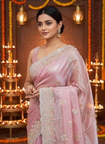 Image of Glory Sarees Women's Organza Chiffon Embroidery Work Scallop Border Saree With Blouse Piece (Chiffon101 Parent)