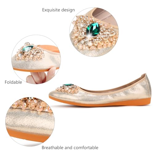 Image of KUNWFNIX Women Ballet Flats Rhinestone Wedding Ballerina Shoes Foldable Sparkly Comfort Slip on Flat Shoes