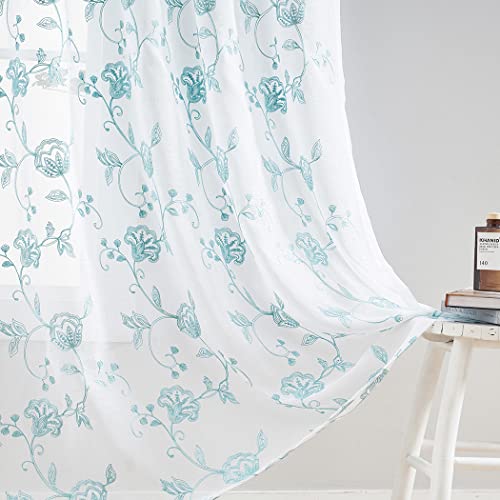 Image of Blue Sheer Curtains Embroidery 63 Inch Length Rod Pocket Voile Drapes for Living room, Bedroom, Window Treatments Semi Flower Pattern Curtain Panels for Kitchen, Yard, Farmhouse, Set of 2, 52 inchx 63 inch.
