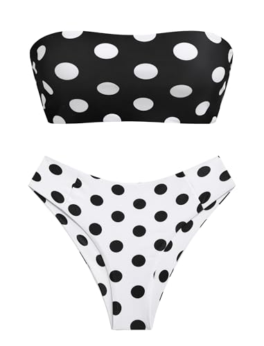 Image of ZAFUL Women's High Cut Bandeau Bikini Set Strapless Solid Color 2 Pieces Bathing Suit Swimsuit