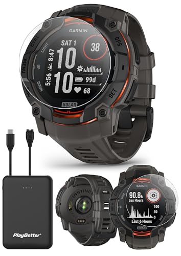 Image of Garmin Instinct 3 Solar 50mm (Black /Charcoal) Rugged Outdoor GPS Smartwatch Bundle - Metal Bezel, Built-in Flashlight, Unlimited Battery Life with PlayBetter Portable Charger & HD Screen Protectors