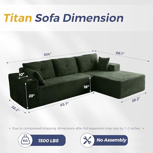 Image of MAXYOYO 104 inch Modular Sectional Couch with L-Shape Chaise, Modern Boneless Couch for Living Room, Sofa in A Box, Oversized Sofa with Deep Seat, No Assembly Required, Green