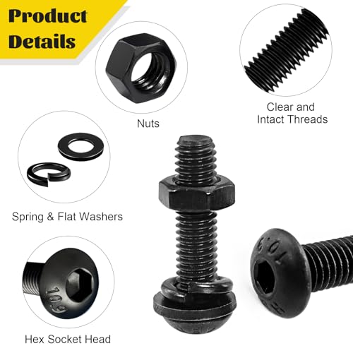 Image of 660PCS M4 Screws with Nuts Assortment Kit, M4-0.7 x 6 /8 /10 /12 /16 /20 /30 mm Hex Button Head Cap Bolts, Nuts & Washers Assorted Set - Grade 10.9 Alloy Steel Machine Screw, Black Zinc Plated
