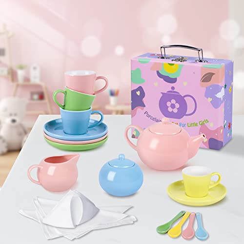 Porcelain Tea Party Set For Little Girls, 22 Pcs Princess Tea Time Toy Including Teapot,Saucers,Teacups,Sugar Bowl,Creamer Pitcher,Spoons & Tablecloth, Kids Kitchen Pretend Play For Girls Boys #TOP5