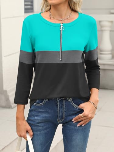 Womens 3/4 Sleeve Tops Zipper Color Block Tunic Tops Casual Summer Shirts Trendy Tops3