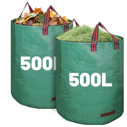 Dntorx Gartensack 2x500L Stabiler Gartenabfallsack mit Griffen Selbststehend Laubsack Wasserdicht Faltbar Wiederverwendbar aus Polypropylen-Gewebe 150GSM für Grünschnitt Gras Laub Gartenabfälle
