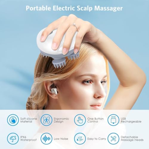 Image of Electric Scalp Massager with Red Light Therapy for Hair & Scalp Care | Head Massager for Relaxation, Scalp Massage & Deep Cleaning | Portable Handheld Hair Care Scalp Massager for Men & Women -Multicolor