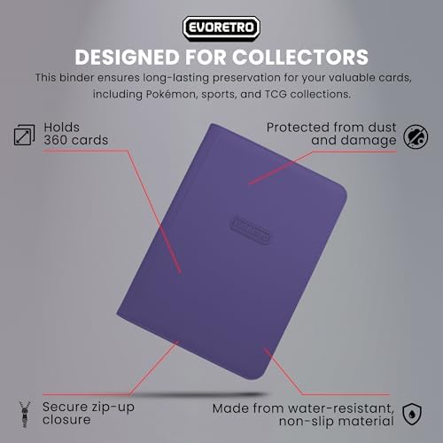 9 Pocket Card Binder Compatible with Pokémon Card – PU Leather Trading Card Binder Holds 360 Cards, Zippered TCG Binder for Pokémon, Sports & Collectible Cards (Purple) — view 3