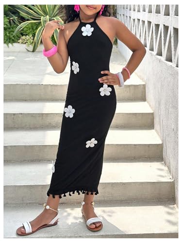 Floerns Girl's 3D Floral Halter Dress Sleeveless Tassel Trim Beach Long Dresses2
