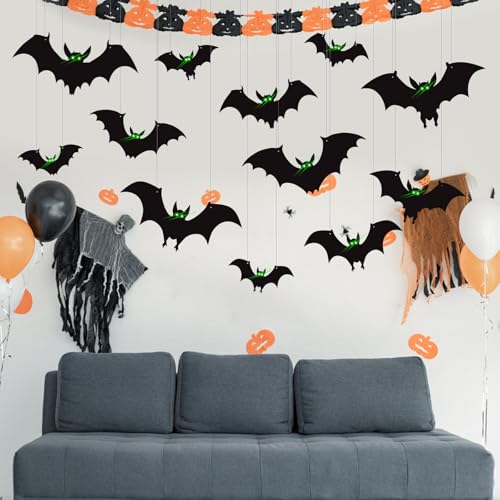 12 Pcs Hanging Bats Halloween Decorations Outdoor - Large Flying Plastic Bats Outside Decor - 3 Different Sizes - Glow in Dark Eyes for Hanging in The Tree, Porch, Yard, Lawn, Indoor — view 6