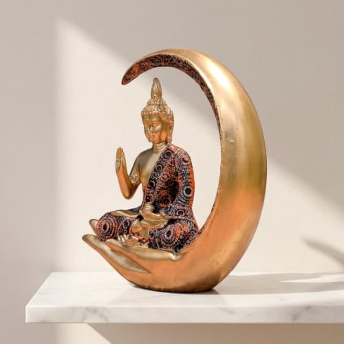 Image of Antique Big Meditating Moon Buddha Statue Showpiece for Home Decor - Living Room - House Warming - Office - Gifting - Buddha Idol Polyresin Decorative Figurine (9 Inch / 23 cm, Multicolor)