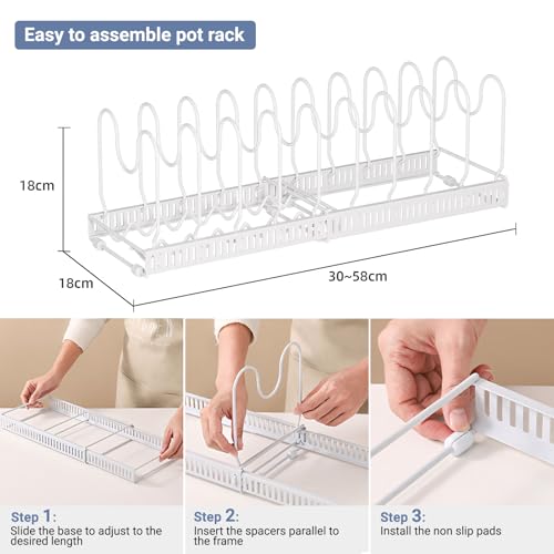 ZxrFxr Adjustable Pots and Pans Organiser: Expandable Pans Organiser Rack Storage and Pan Lid Holder with 10 Dividers and Non Slip Feet for Housewife Kitchen Use (White) - Image 6