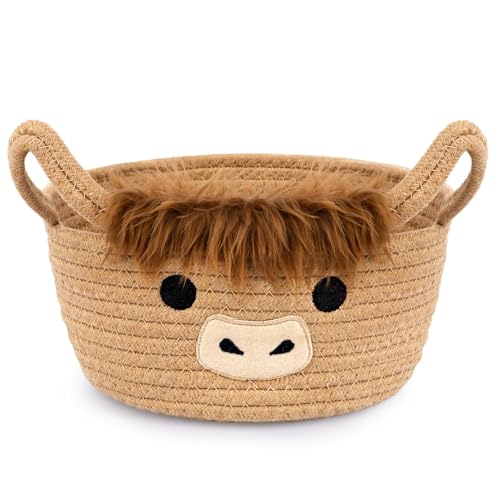 Hochland Kuh Korb aus Baumwollseil,Aufbewahrungskorb aus gewebter Baumwolle,Hochland Kuh Gewebter Aufbewahrungskorb für Spielzeug,Baumwolle Körbe Schateln für Kleinkinderzimmer