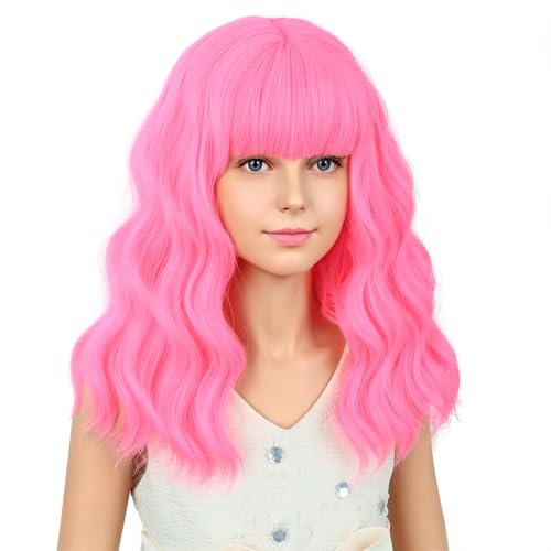 Image of PATTNIUM Neon Pink Wig for Kids Girs Short Curly Wavy Wigs with Bangs Light Pink Shoulder Length Wavy Heat Resistant Synthetic Wig