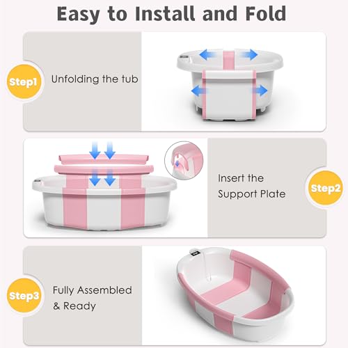 Collapsible Baby Bathtub for Newborn to Toddler 0-36 Months,Spacious Foldable Infant Bath Tub with Thermometer,Cushion & Drain Hole,Portable Travel Tub, Baby Shower Gift Pink - Thumbnail 7