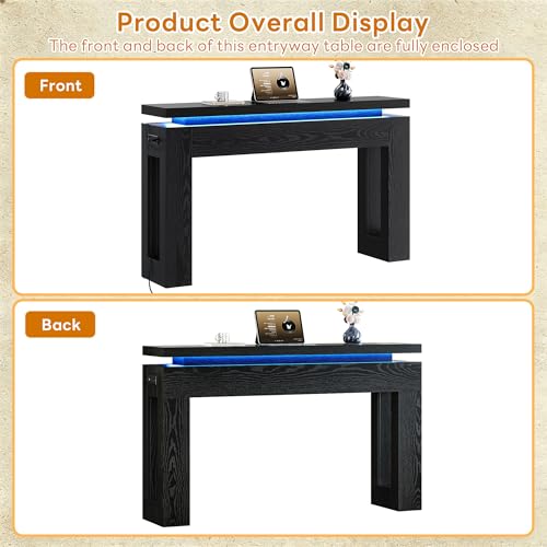 Image of LIKIMIO Console Table with Drawers, Modern Entryway Table with LED Lights and Charging Station, Narrow Sofa Table with Storage Behind Couch for Entrance, Hallway, Living Room, Black