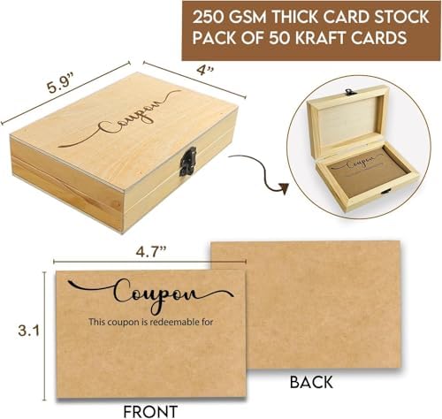 BeeGreeny 50 Blank Coupon Cards with Wooden Box, Love Coupons for Him, Her, Redeem Gift Vouchers for Husband, Wife, Boyfriend, Girlfriend,DIY Coupon Book for Couples, Birthdays, Valentine’s Day — view 2