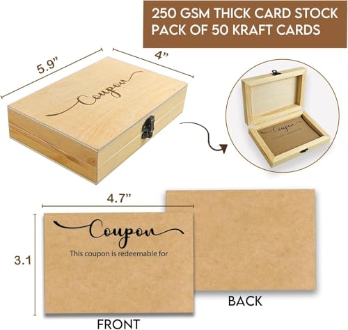Image of 50 Blank Coupon Cards with Wooden Box, Love Coupons for Him, Her, Redeem Gift Vouchers for Husband, Wife, Boyfriend, Girlfriend,DIY Coupon Book for Couples, Birthdays, Valentine's Day