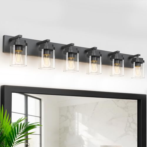 Image of Black Bathroom Light Fixtures, 6 Lights Bathroom Lighting Fixtures Over Mirror, Square Design & Rectangle Large Backplate, Modern Vanity Lighting Fixtures, for Bathroom /Living Room /Bedroom