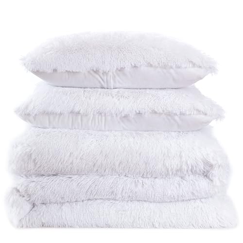 Full Size Luxury Faux Fur Comforter Set - Soft & Breathable 7-Piece Bedding Collection - 1 Comforter, 1 Fitted Sheet, 1 Flat, 2 Pillowcases, 2 Pillow Shams - Deep Pocket - Premium Quality, White