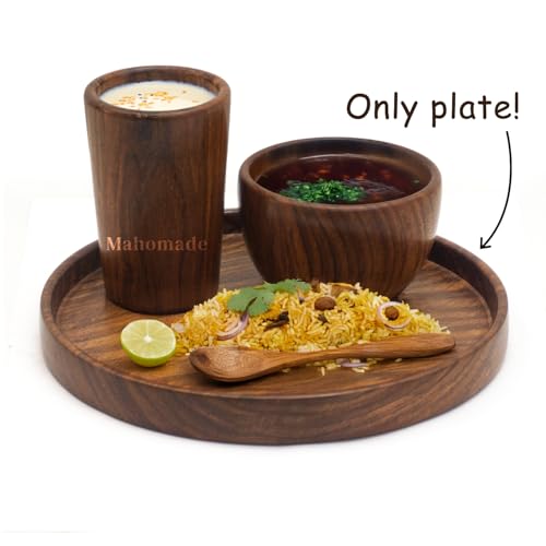 Image of Sheesham Wood Serving Plate, Wooden thali, 25.4 cm Round, Natural Brown, Chemical-Free