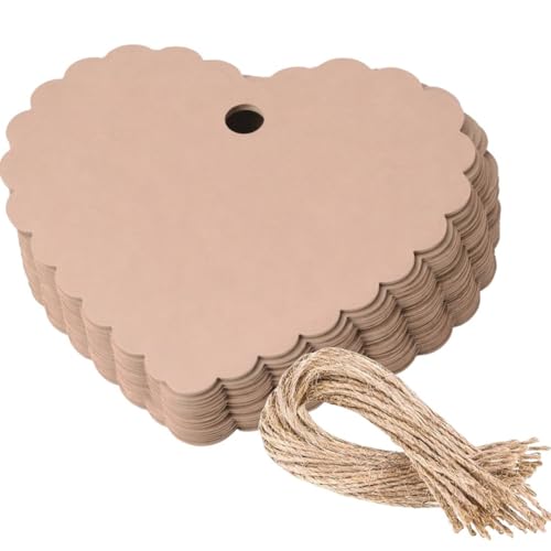 Image of CVANU (50-PCS) Decorative Heart Shape Color Paper Tags & Finish Cut Hole for Hanging with Jute Rope for Gift & DIY Crafts| Message Note| Labeling & Writable (2.16x2.36inch) Light Brown1