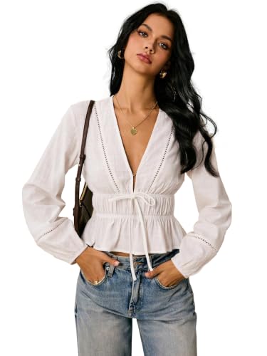 Image of Shasmi Women's Solid Deep V Neck Cotton Long Bishop Sleeve Drawstring Waist Ruffle Hem Peplum Top | Blouse | Casual Boho Cottagecore Shirt for Office, Vacation & Daily (Top 304)