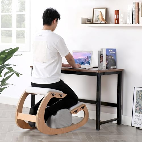 Mallvitally Sedia Inginocchiatoio Regolabile, Sedia A Dondolo Ergonomica In Legno - Migliora La Tua Postura Con Un Sedile Angolato Per Casa, Ufficio (Quercia Bianca) - 2
