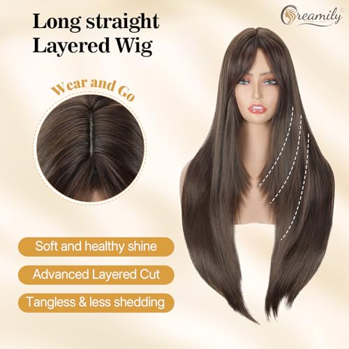 Image of Creamily Long Straight Layered Brown Wig for Women 24 Inch Synthetic Hair Full Head Wigs for Women with Bangs for Party Cosplay (Brown, 24 Inch)