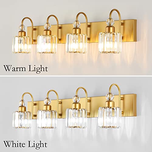 Image of Ralbay Gold Vanity Lights 4-Lights Gold Crystal Bathroom Vanity Lights Over Mirror Modern Crystal Bathroom Wall Lighting Fixtures