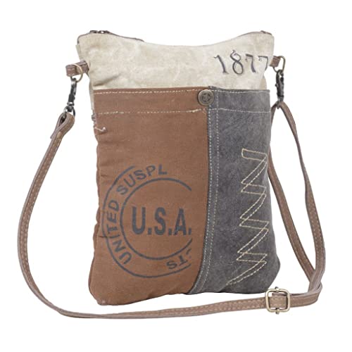 Myra Bag Fanatical Vintage Purse - Canvas and Leather Crossbody Bags for Women, Small Brown, Gray, and Ivory Patchwork Vintage Purses for Women with Star Button Embellishment, Over The Shoulder Purse2