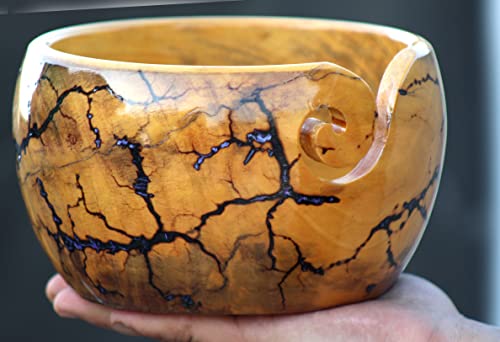 Image of Lichtenberg Figure Yarn Bowl - Handmade Wooden Yarn Bowl for Knitting Yarn Ball Holder - Yarn Bowls with Holes Crochet Bowl Holder - Yarn Storage Bowl 7 inch x 4 inch inches (Blue-A)