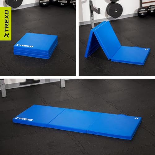 TREXO Faltbare Turnmatte 180x60x5 cm – Gymnastikmatte aus Kunstleder mit 3 Segmenten – 5 cm dicke Polsterung – für Fitness, Schule & Home Training (Blau)