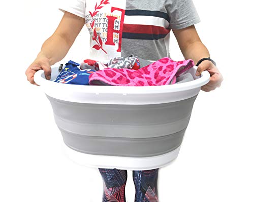 Image of SAMMART Collapsible Plastic Laundry Basket - Oval Tub / Basket - Foldable Storage Container / Organizer - Portable Washing Tub - Space Saving Laundry Hamper (1, Grey)