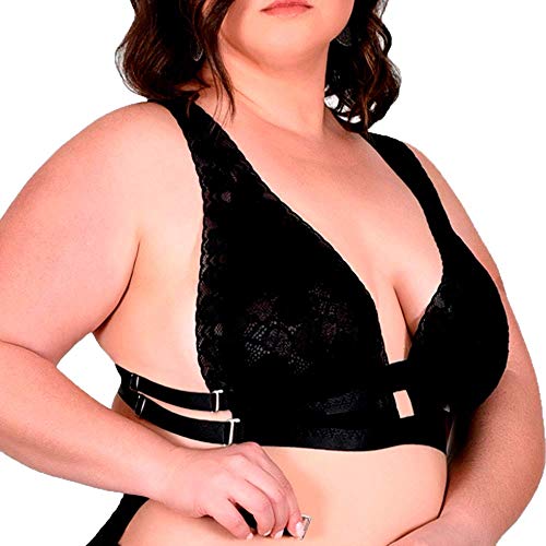 Sutiã Aconchego Em Renda Forro Em Tule Sem Bojo Detalhe Strappy Preto Plus Size