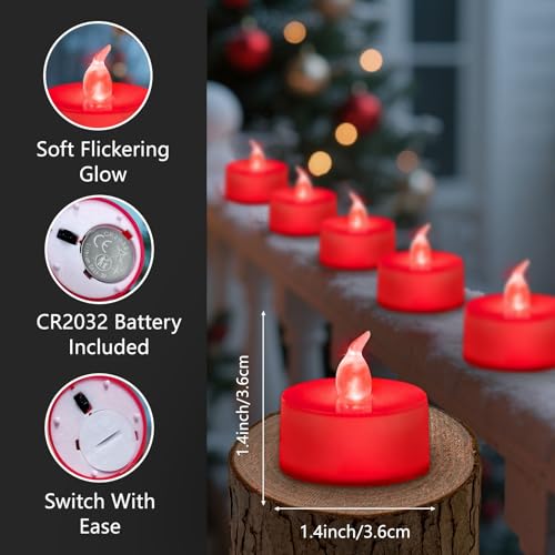 Image of Tea Lights Battery Operated Candles LED Tea Lights Flameless Candles 200+ Hours Flickering Fake Tealights for Sweetest Day Wedding Home Decorations Party (Red Base, 24 Pack)