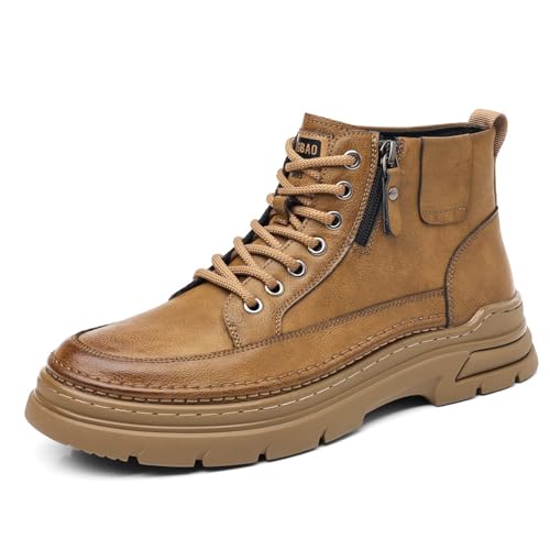 Image of Men'S Leather Chukka Boot With Side Zipper Round Toe Comfort Fleece-Lined Anti-Slip Platform Lace-Up Casual Oxford Boots For Hiking Travel Motorcycle