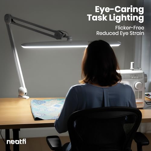 Image of Neatfi XL 2,200 Lumens 24W LED Desk Lamp - 23 inch Wide Shade | Dimmable Eye-Caring Task Light | Adjustable Arm | Home Office, Study, Crafts & Nail Tech (White, Non-CCT with Clamp)