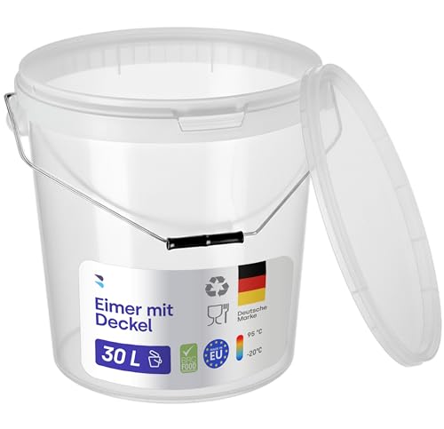 BenBow Eimer mit Deckel 30l transparent 30 Liter - lebensmittelecht, stabil, luftdicht, auslaufsicher, geruchsneutral - Aufbewahrungsbehälter aus Kunststoff, mit Griffen - leer