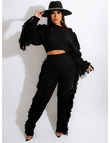 Image of KANSOON 2 Piece Sweater Set for Women Cable Knit Fringe Crop Top and Pants | Cozy feel, ribbed high waist, comfortable stretch fit for birthday and chilly going-out outfits