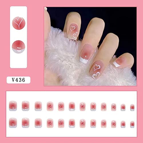 24 Pcs Heart Press On Nails Short Square French Tip Fake Nails Glossy Nude Pink Valentine’s Day False Nails Artificial Nails Glue Stick On Nails For Women Girls Diy Acrylic Nails Manicure Decorations #TOP1